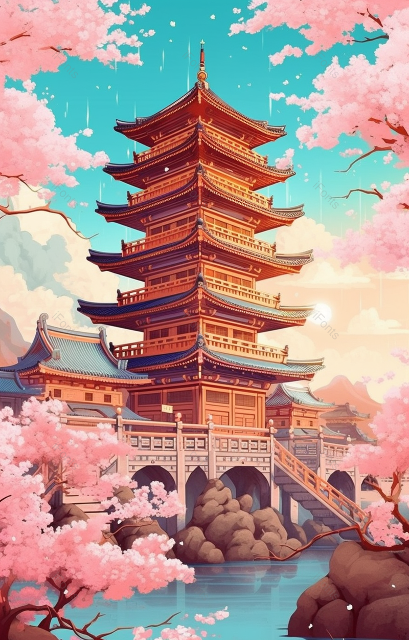 武汉城市高层古风建筑下方的粉色樱花树木花瓣飞舞唯美景象,插画/手绘图,插画/手绘图库,插画/手绘图下载,插画/手绘